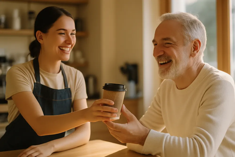 A barista handing a coffee to a smiling regular customer