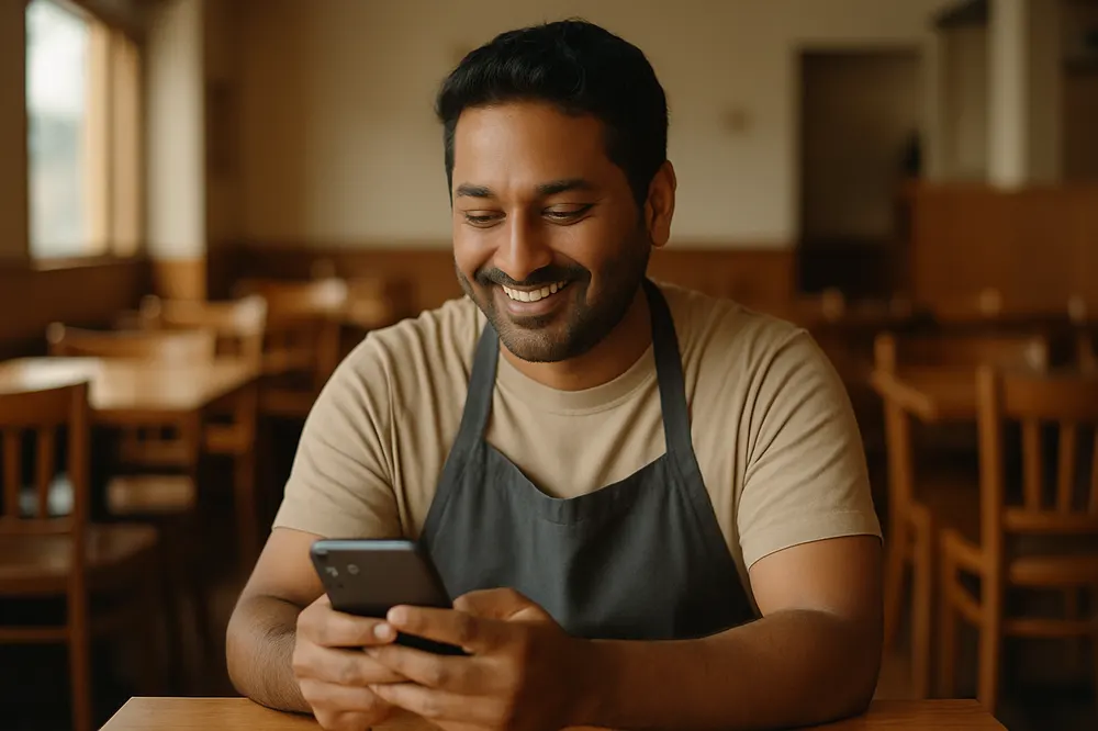 A smiling restaurant owner looking at his phone in his dining room