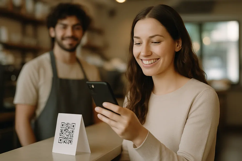 A smiling customer scanning a QR code at a cafe till