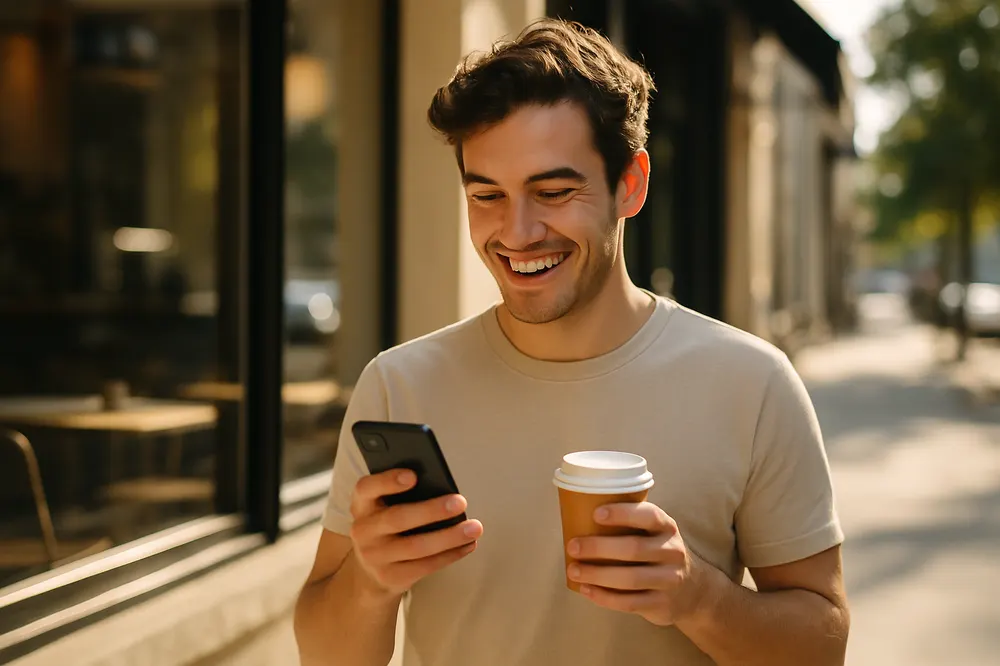 A smiling man outside a cafe looking at his phone, coffee in hand